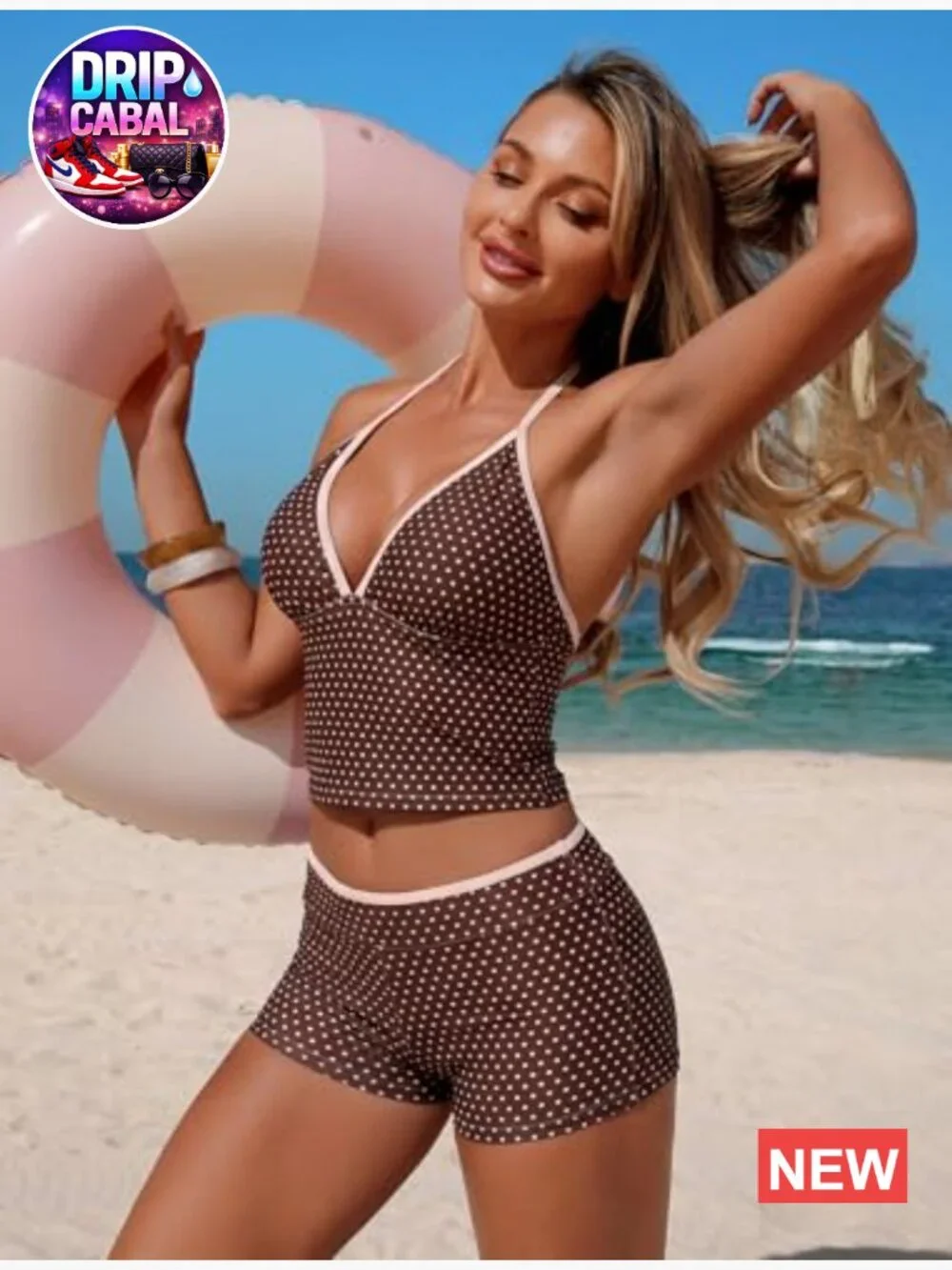 Tankini Swimsuit V Neck Halter Top with Boyshorts Bottom Tummy Control Two